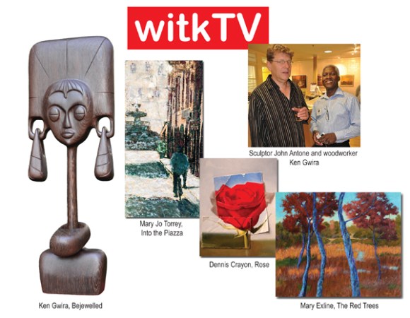 WITKTV was at the Arts Barn in Gaithersburg, MD U.S.A. for the reception of an art exhibition on Tuesday, August 13.  It was a pleasant evening, cooler than usual and a relief from the humid summer heat. There are four artists in this exceptional display. Dennis Crayon is a contemporary realist painter, who uses  modern composition aesthetics. Mary Exline enjoys the interplay of abstracted forms with natural elements, such as trees and blades of grass. Mary Jo Torrey has a expert hand in using the Encaustic paintng technique.  This is a must see exhibition.